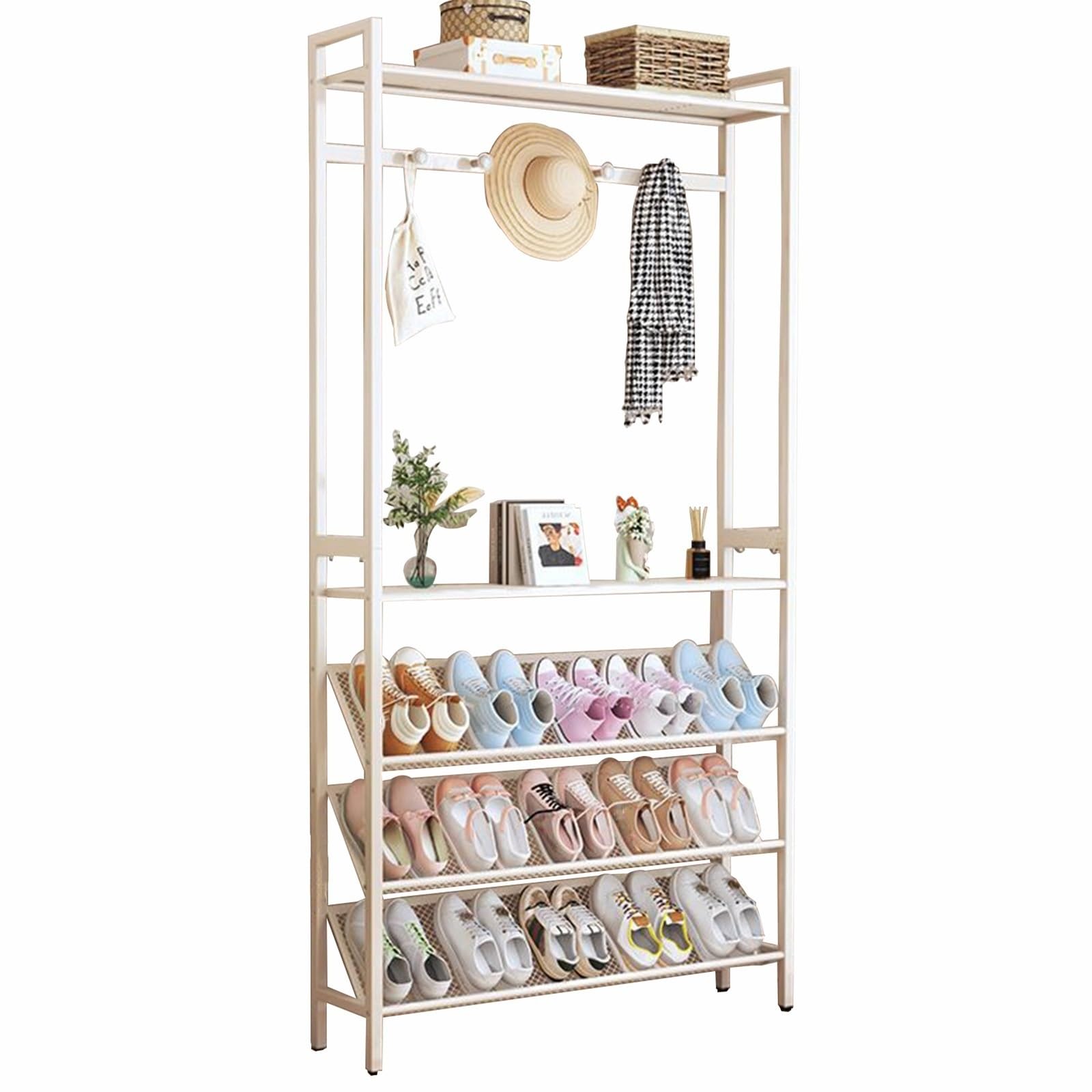 Yclty Skinny Coat and Shoe Rack, Narrow Space Saving Shoe Storage Rack, 2-in-1 Slim Freestanding Metal Coat Organizer Rack with Hooks for Entryway, Hallway, Foyer and Living Room(White,90x19x180cm)