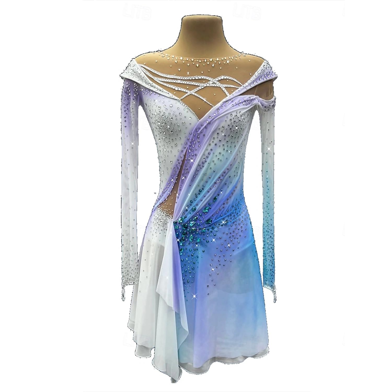 purpleq Eiskunstlauf Wettkampf Kleid für Mädchen Handgefertigt Weiß Blau Färbung Langarm Gymnastik Bekleidung Professionelle Eiskunstlaufbekleidung für Damen