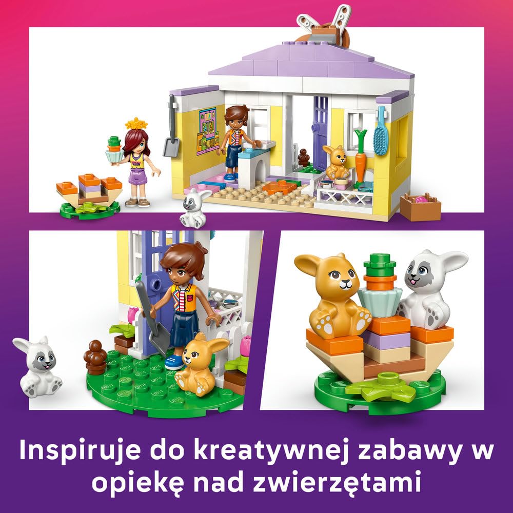 LEGO Friends Hotel dla królików w mieście Heartlake, klocki dla 5-latki, zabawka dla dzieci zawiera 2 minilaleczki, 2 figurki zwierząt i marchewkowe akcesoria, prezent dla dziewczynki i chłopca 42679