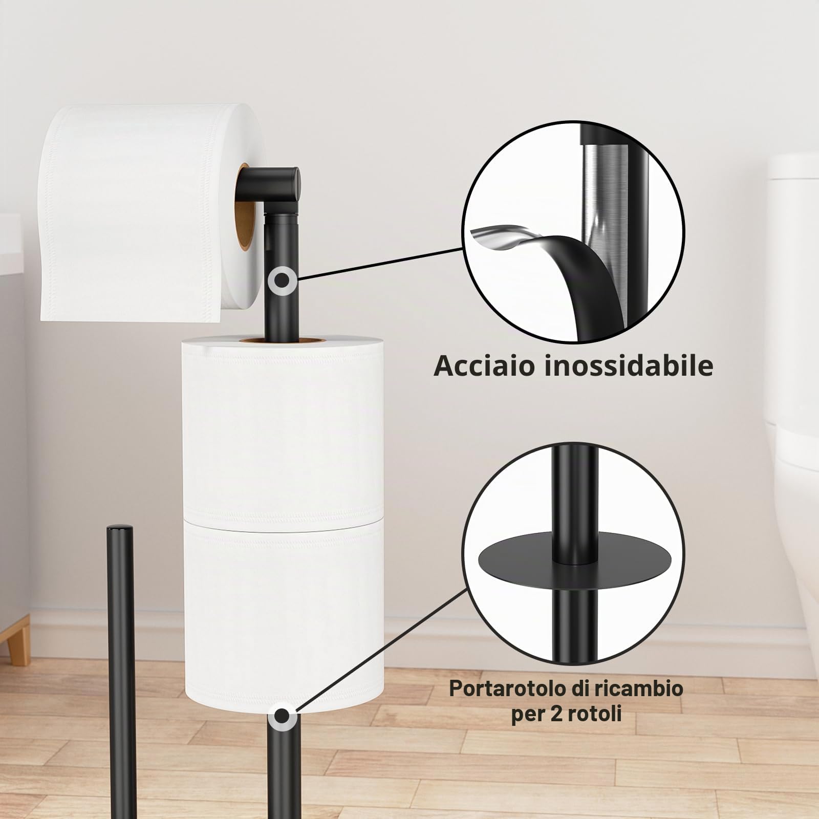 Porta carta igienica in acciaio inox per wc, con scopino - Carta igienica in piedi, porta rotolo nero opaco