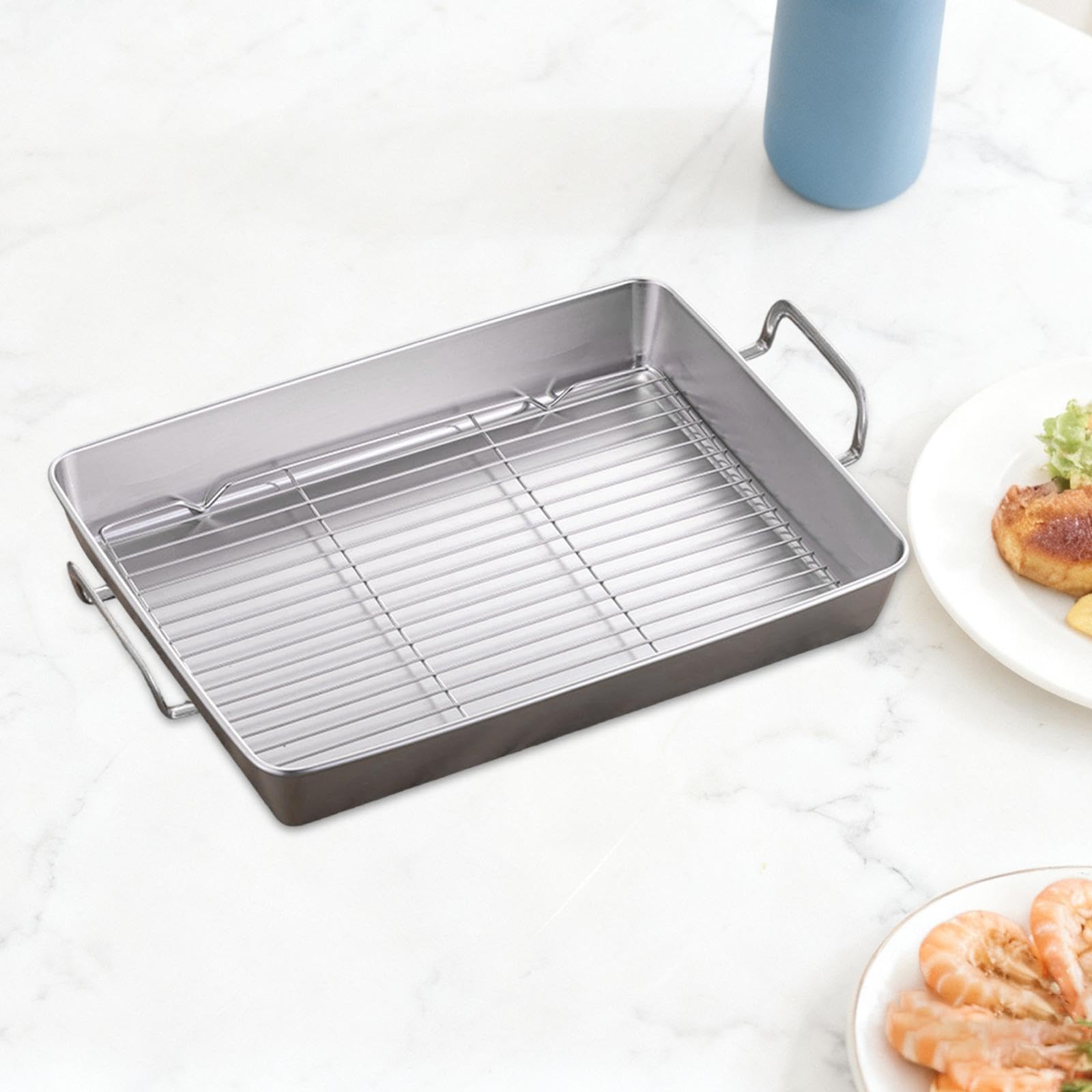 Bandeja para Asar con Rejilla Desmontable, Placa Rectangular Antiadherente, Asas de Fácil Agarre, Acero Inoxidable para Hornear, tal como se describe, Longitud 41.5 Cm