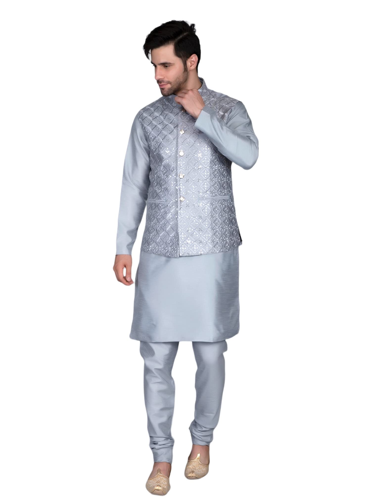 ethluxis Men's Silk Blend Kurta Churidar Pyjama with Premium Ethnic Bundi Jacket-picture-24