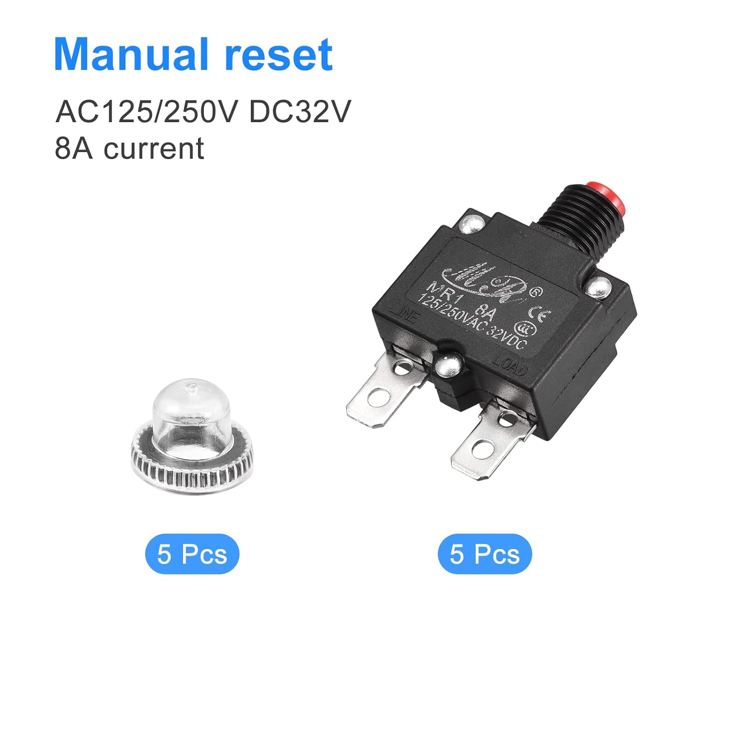 MECCANIXITY Circuit Overload Protector 8A AC125/250V DC32V Push Button Thermal Circuit Breaker for Air Compressor with Waterproof Caps 5pcs
