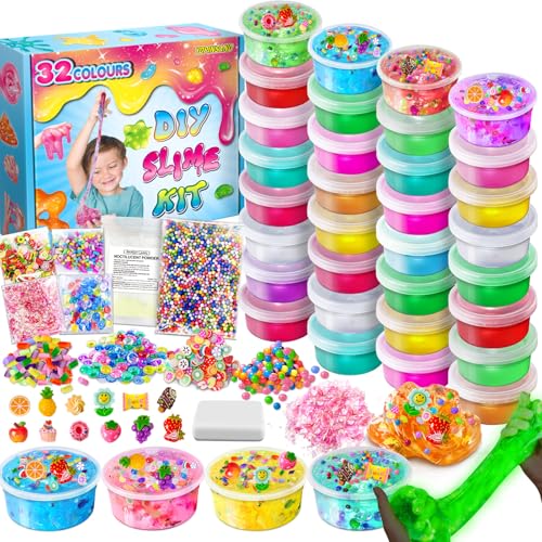32 Cups DIY Slime Kit, Slime Making Kit for Girls, Crystal Clear Slime, Glow in The Dark Slime with Add-ins, Foam Balls, Charms, Slime Party Favors Gift Toys for Kids 3-12