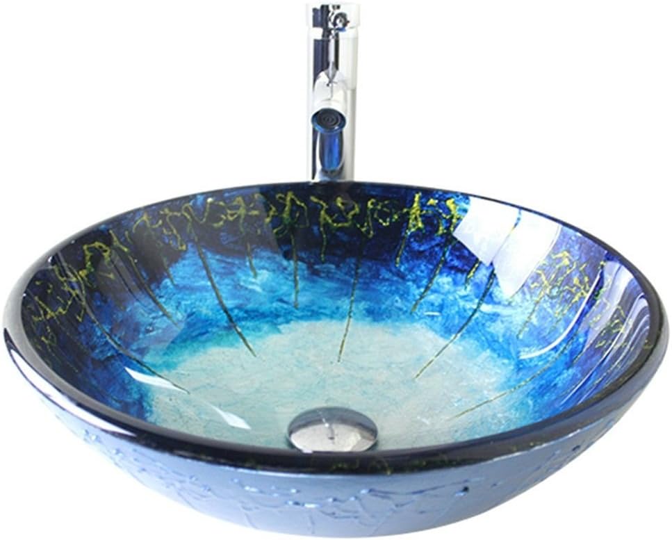Homelavafans Fashion Round Blue Sea Tempered Glass Basin Sink Bathroom Sink High Upright Faucet Set