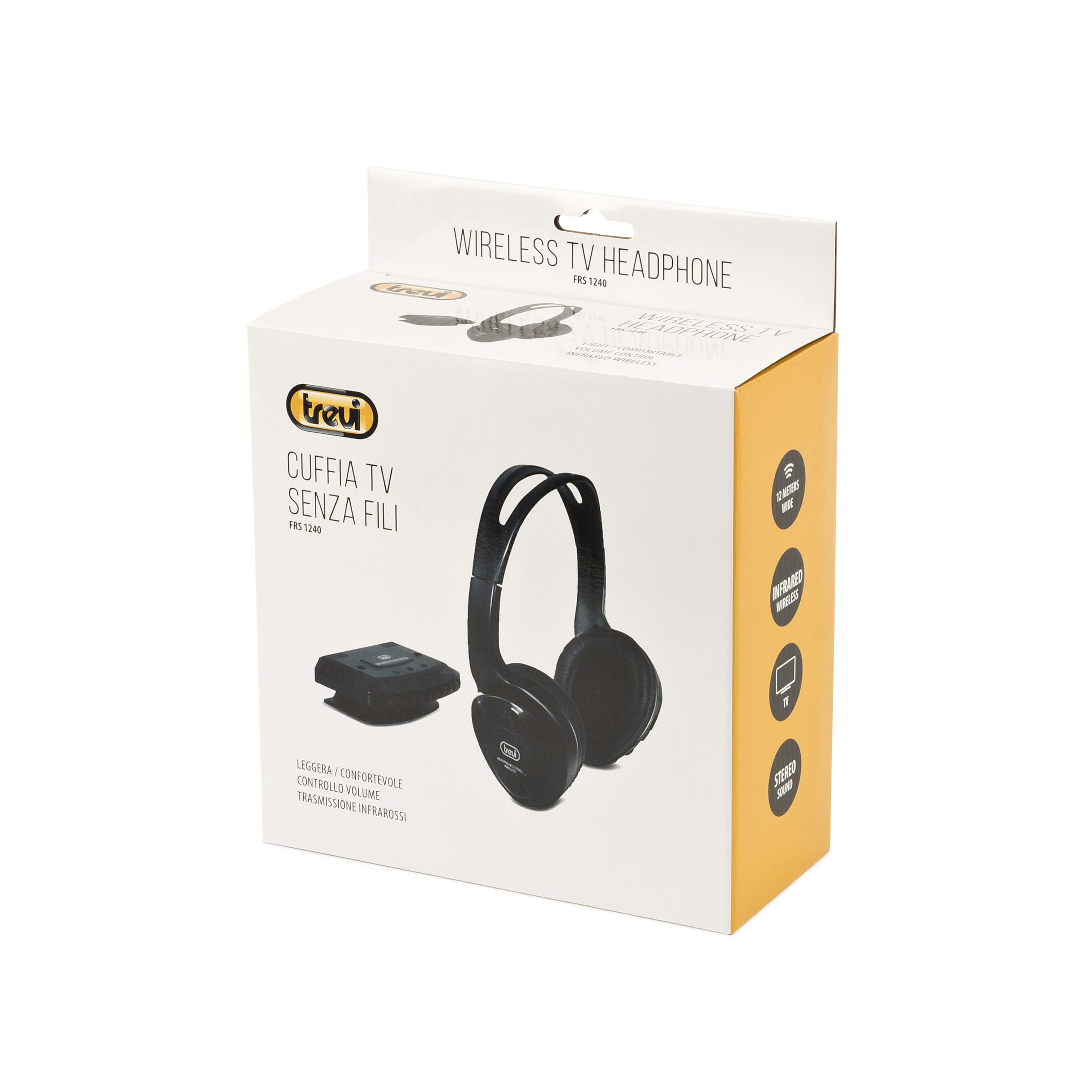 Trevi FRS 1240 Cuffia TV Wireless ad Infrarossi con Trasmissione ad Alta Frequenza, 12m di Portata, Audio Stereo per Televisore, Hi-Fi e MP3, Funzione Monitor e Controllo Volume, Base in Dotazione
