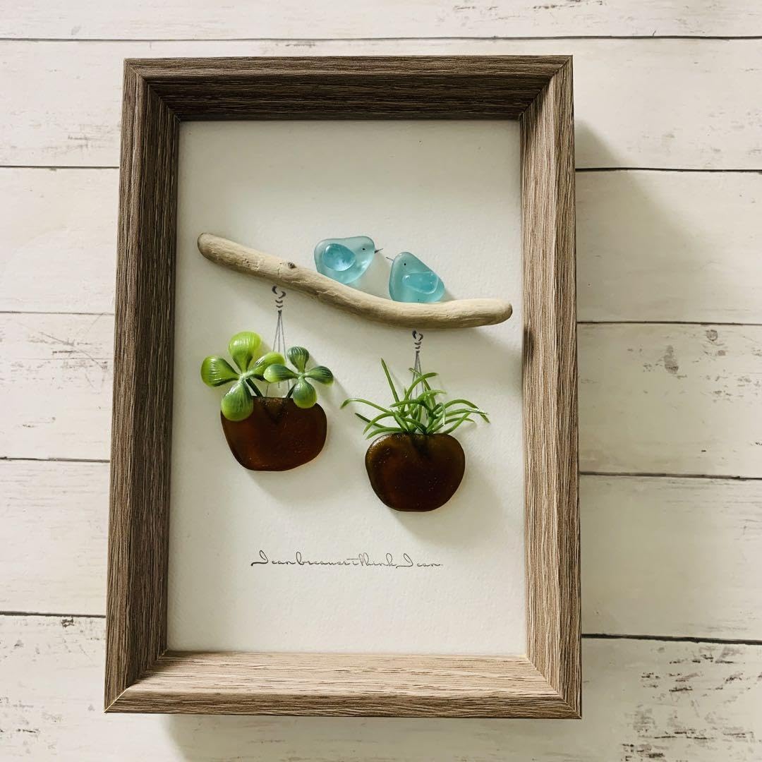 シーグラスアート 小鳥 インテリア雑貨 壁掛け 置物 北欧 観葉植物 苺