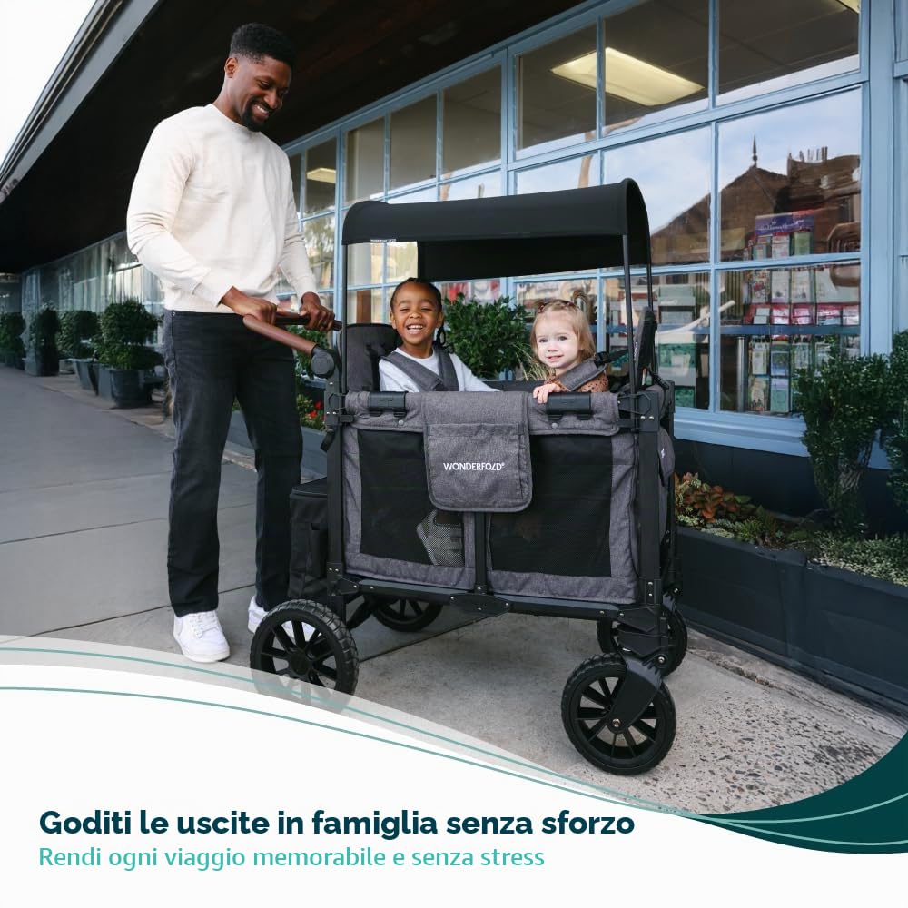 WONDERFOLD W2 Luxe Pro Passeggino (2 posti) – Passeggino pieghevole con sedili con cinture di sicurezza a 5 punti e tettuccio parasole regolabile, nero corvino