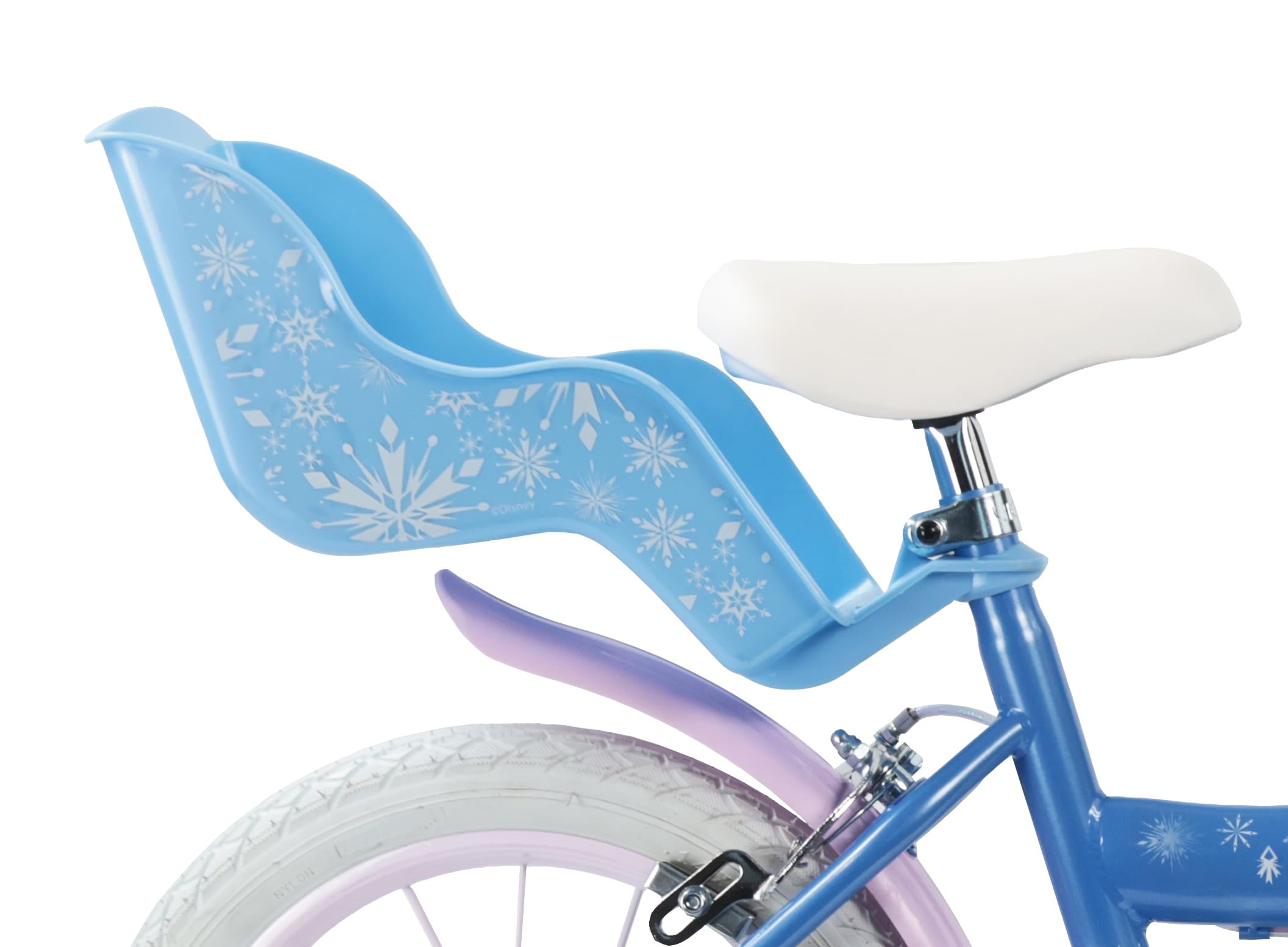 Vélo Reine des Neiges 14'' Fille équipé de 2 Freins Caliper - Roue Libre - Pneus Gonflables - Jantes aciers avec Rayons - Panier Avant - Porte-poupée arrière - Garde-Boue - 2 Stabilisateurs