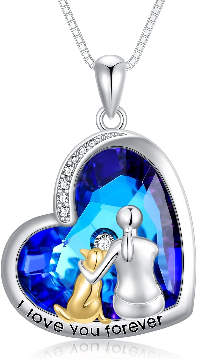 TOUPOP Dog Necklace for Girls Sterling Silver Dog Pendant Necklace with Blue Heart Crystal Dog Lovers Gifts Cute Animal Love Heart Memorial Jewelry for Women Dog Owners Birthday Christmas