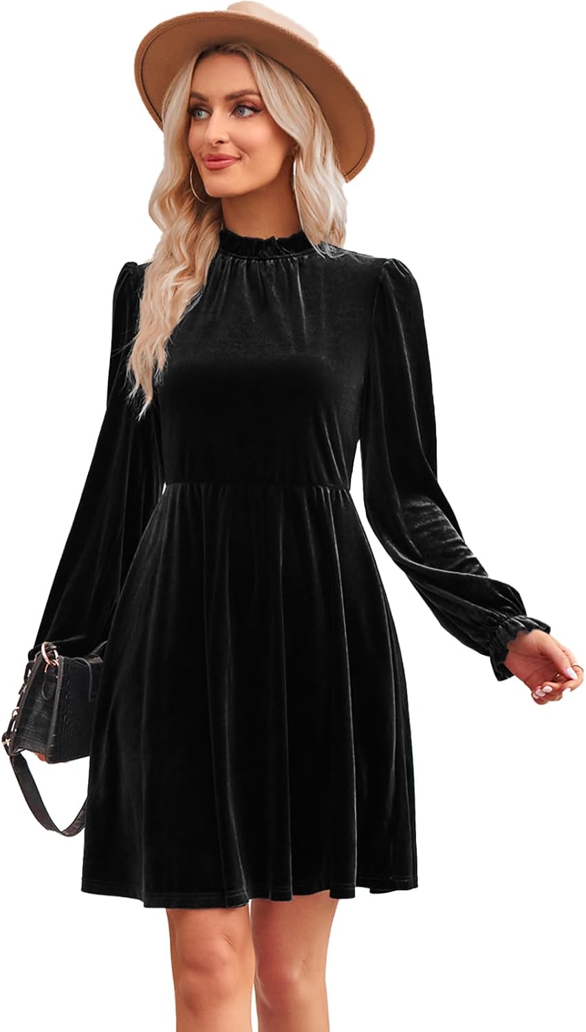 Jayscreate Women's 2023 Velvet Dress Elastic Waistline Fall Long Sleeve Wedding Guest Short Wrap Tunic Formal Dress - Image 4