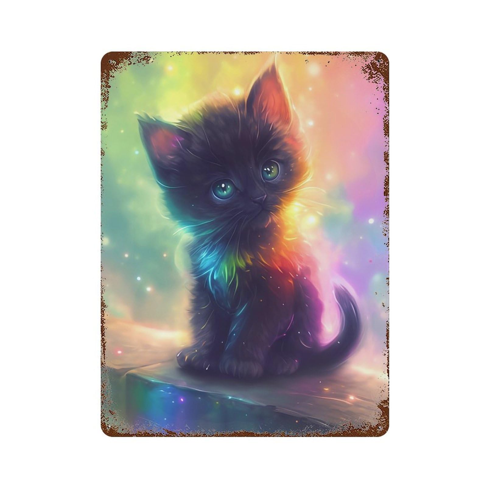 Vintage Rust Metal Sign with Rainbow Kitten Fantasy Art Design 15.7"x11.8", for Shed, Workshop And Garage Wall Decor, Classic Wall Plaque