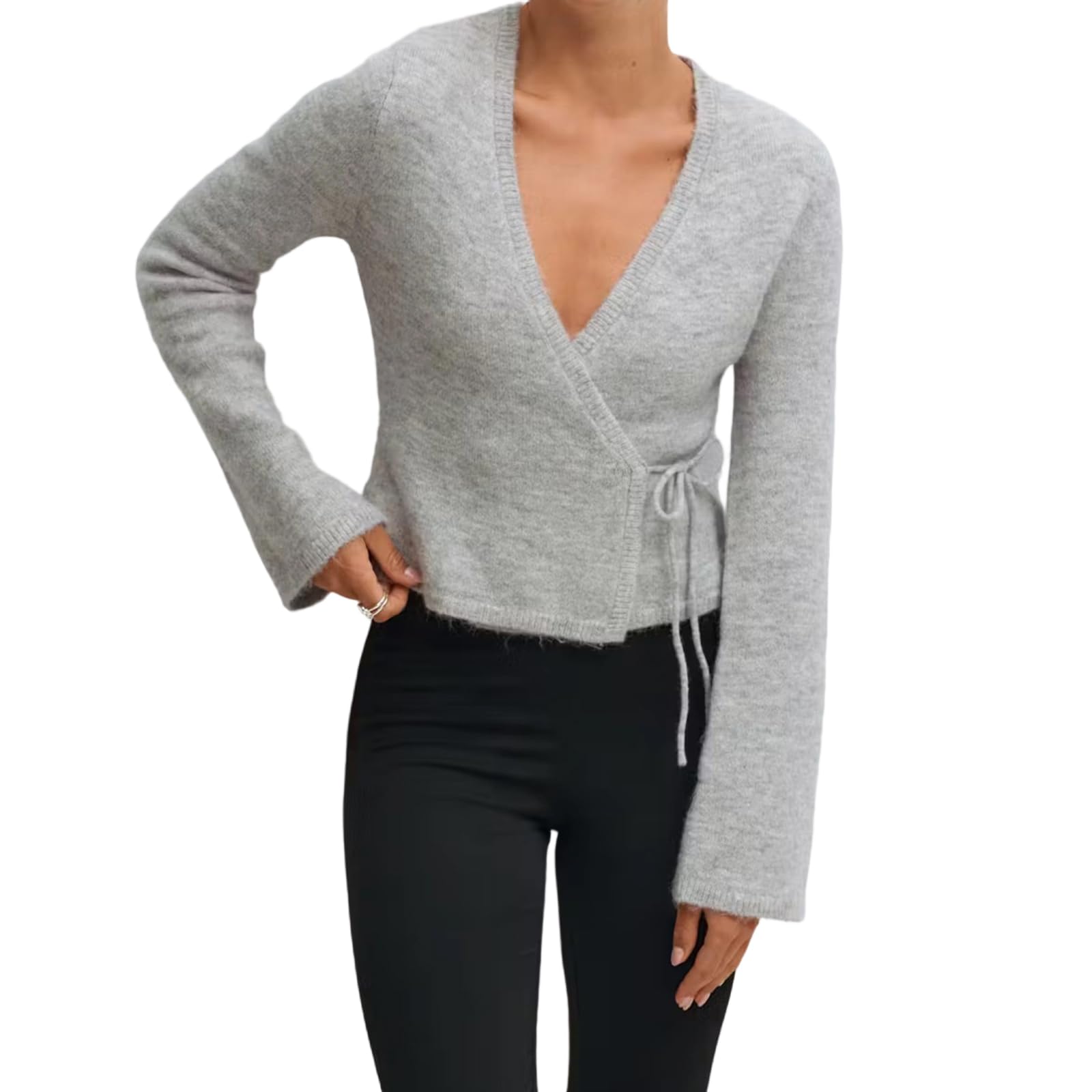 Women Y2k Tie Front Wrap Cardigan Long Sleeve V Neck Solid Color Cropped Sweater Aesthetic Clothes