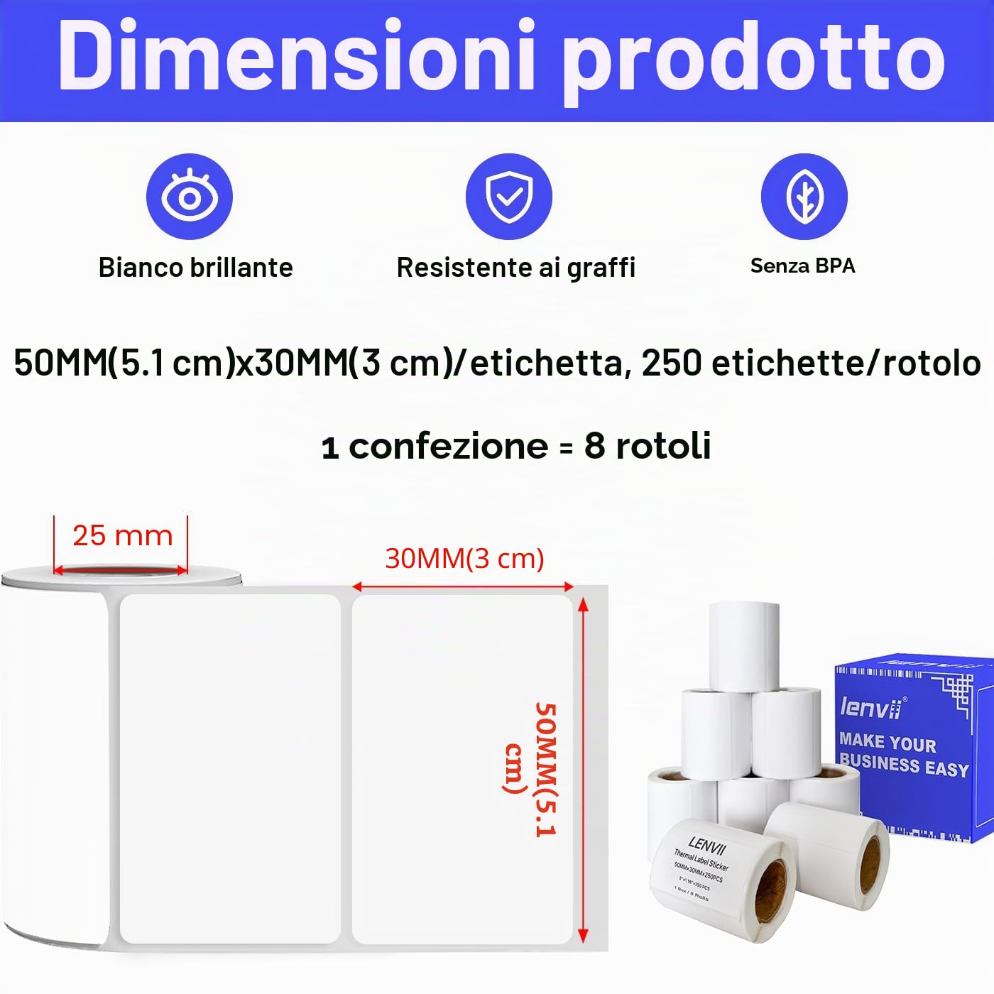 LENVII Etichetta adesiva termica, etichetta autoadesiva multifunzionale, adatta per stampanti di etichette portatili e desktop (50 × 30 mm（8 Rolls）)