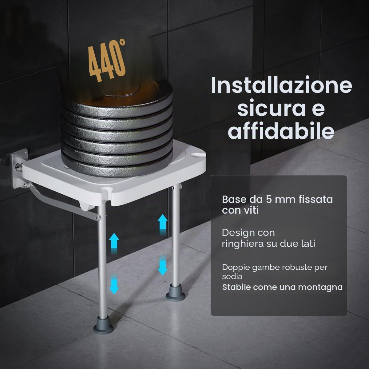 Sgabello da doccia pieghevole a parete, sedile doccia alto 42 cm, con piedini antiscivolo, foro di drenaggio, fessura per soffione doccia,adatto per anziani e disabili