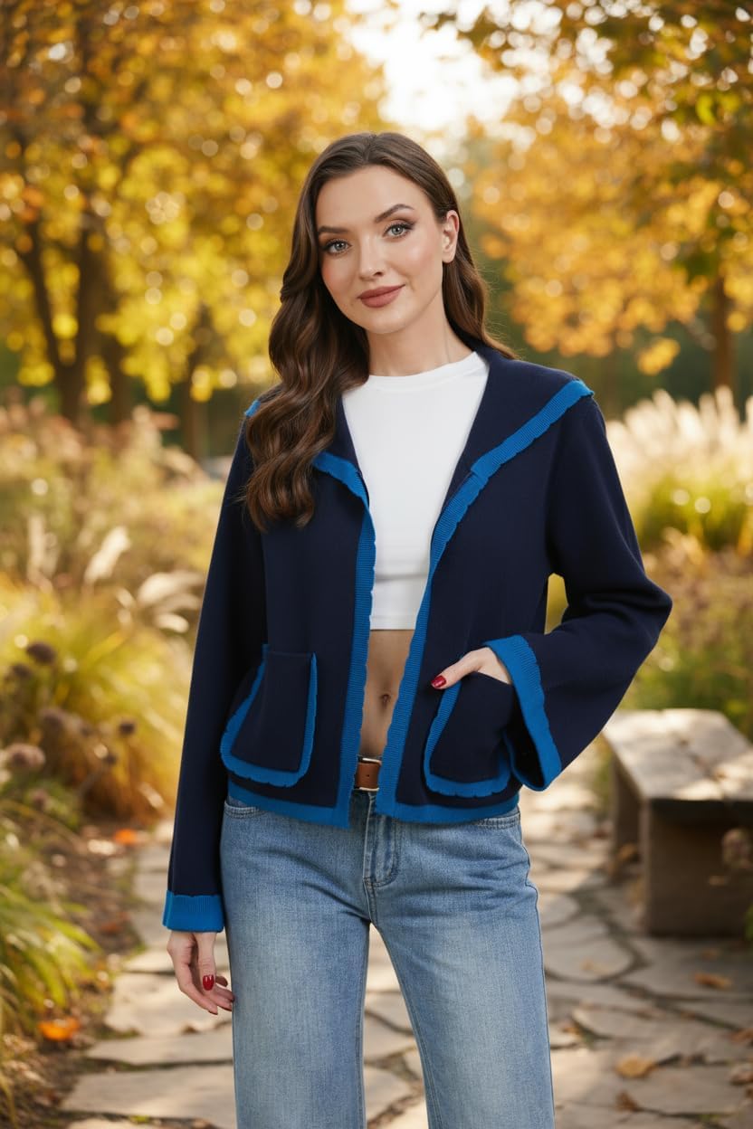 Ythomm Womens Scallop Lapel Collar Knit Cardigan Sweaters Color Block Long Bell Sleeve Open Front Fall Sweaters with Pockets - Image 4