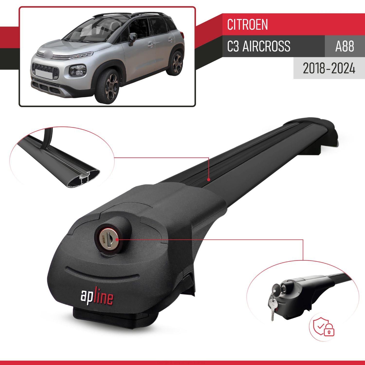 Kompatybilny z Citroen C3 Aircross (A88) 2018-2024 ACE-1 Model Aluminiowe poprzeczki dachowe Czarny 2 szt.
