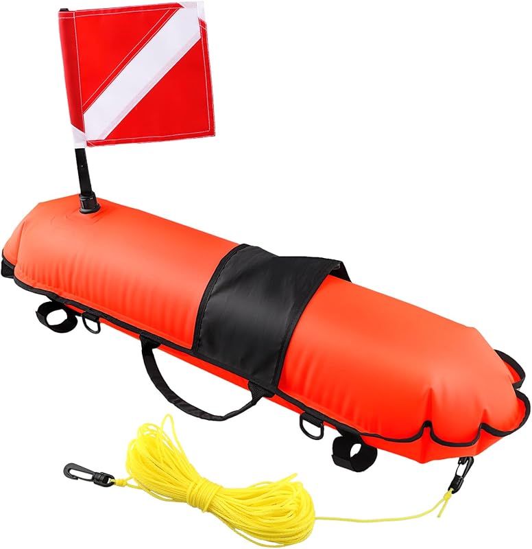 Spearfishing Torpedo Buoy with Safety Flag and Rope | Hi-Visibility Inflatable Floater Ball with Dive Down Flag and 82ft Ropes for Freediving, Snorkeling and Swimming