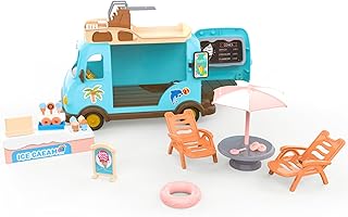 Family Ice Cream Truck Toy — Dessert Food Truck Playset with Cash Register, Chairs & Umbrella, Dollhouse Pretend Play Vehicle, Gift for Kids Ages 3+