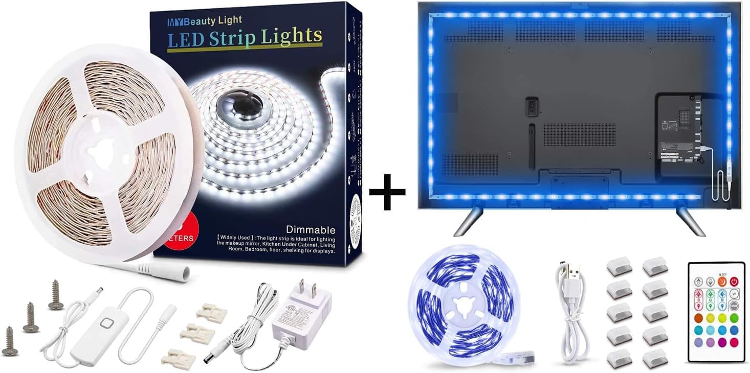 Dimmable White Led Strip Light Bundle with 14.8ft RGB TV Led Backlight for 60-70in TV