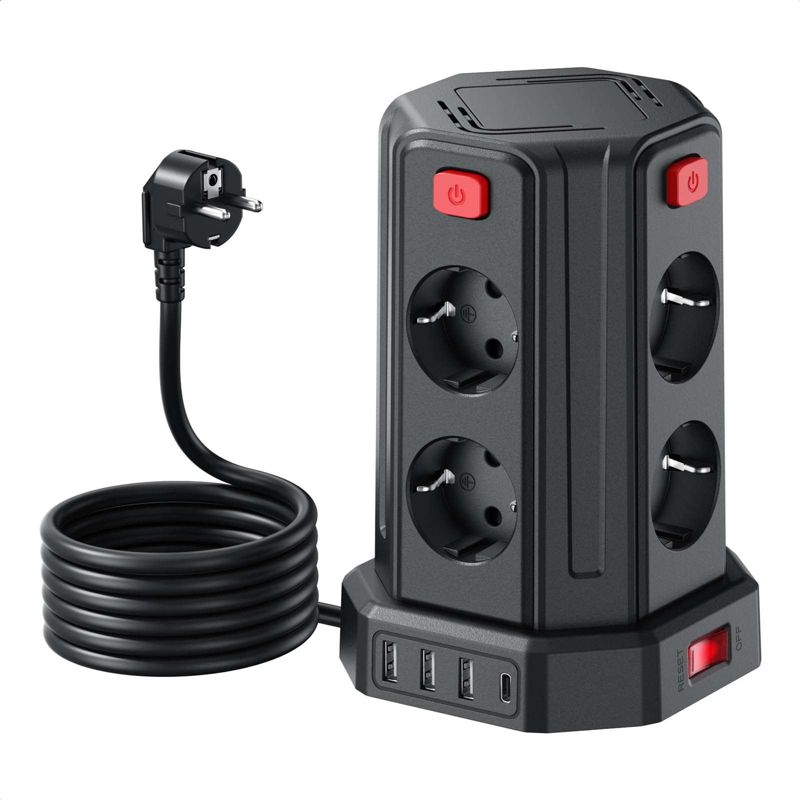 Torre Regletas Enchufes con Cable 3M, Regleta USB 8 Tomas de AC Corrientes y 4 USB, 2500W/10A, Regreltas Vertical con Interruptor para Mesa, Oficia, Casa…