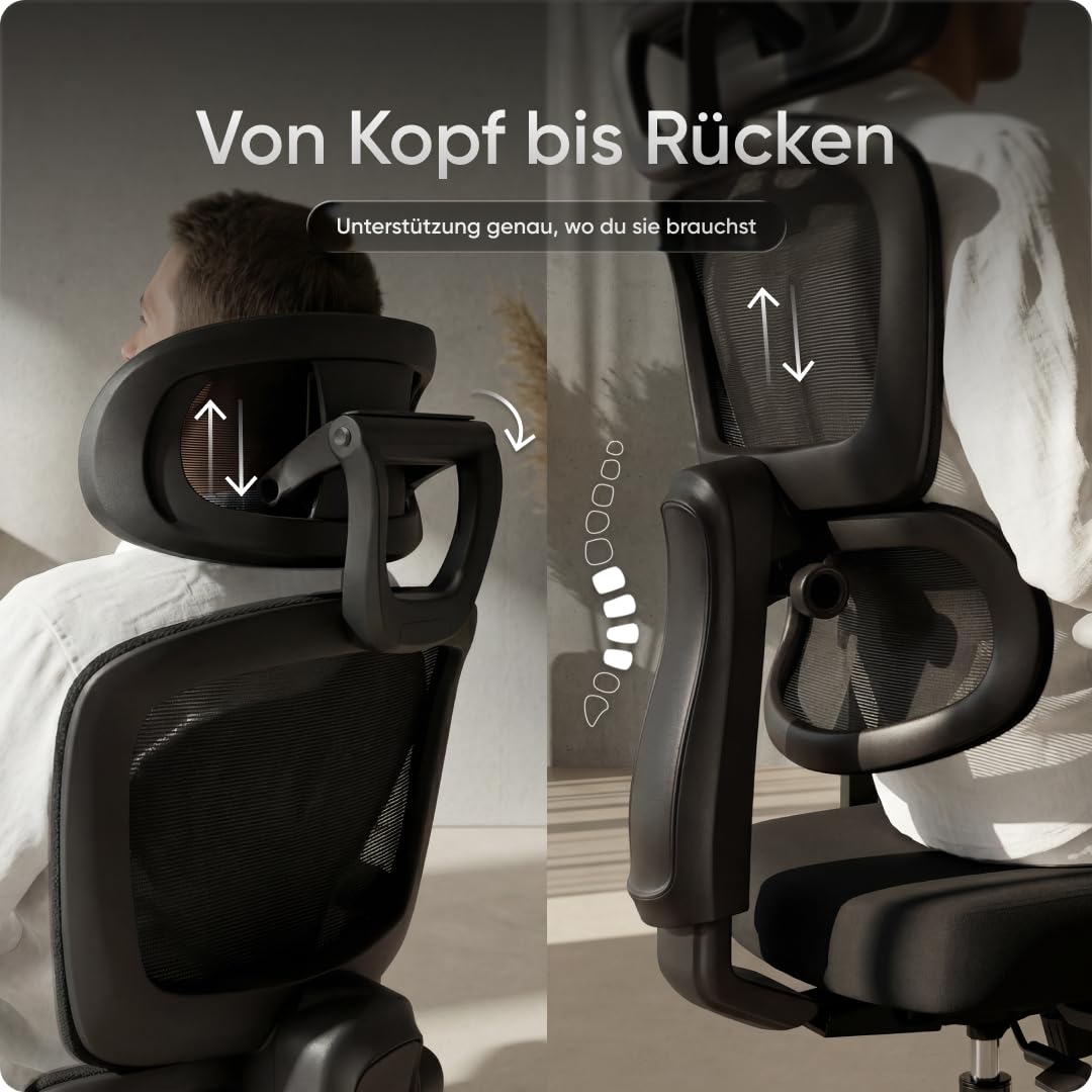 Move Pro Bürostuhl ergonomisch bis 150kg (Testsieger) - 5 Jahre Garantie | Schreibtischstuhl mit intelligenter Lordosenstütze, 3-stufiger Neigung, höhenverstellbare Rückenlehne, 5D-Armlehnen (Schwarz)