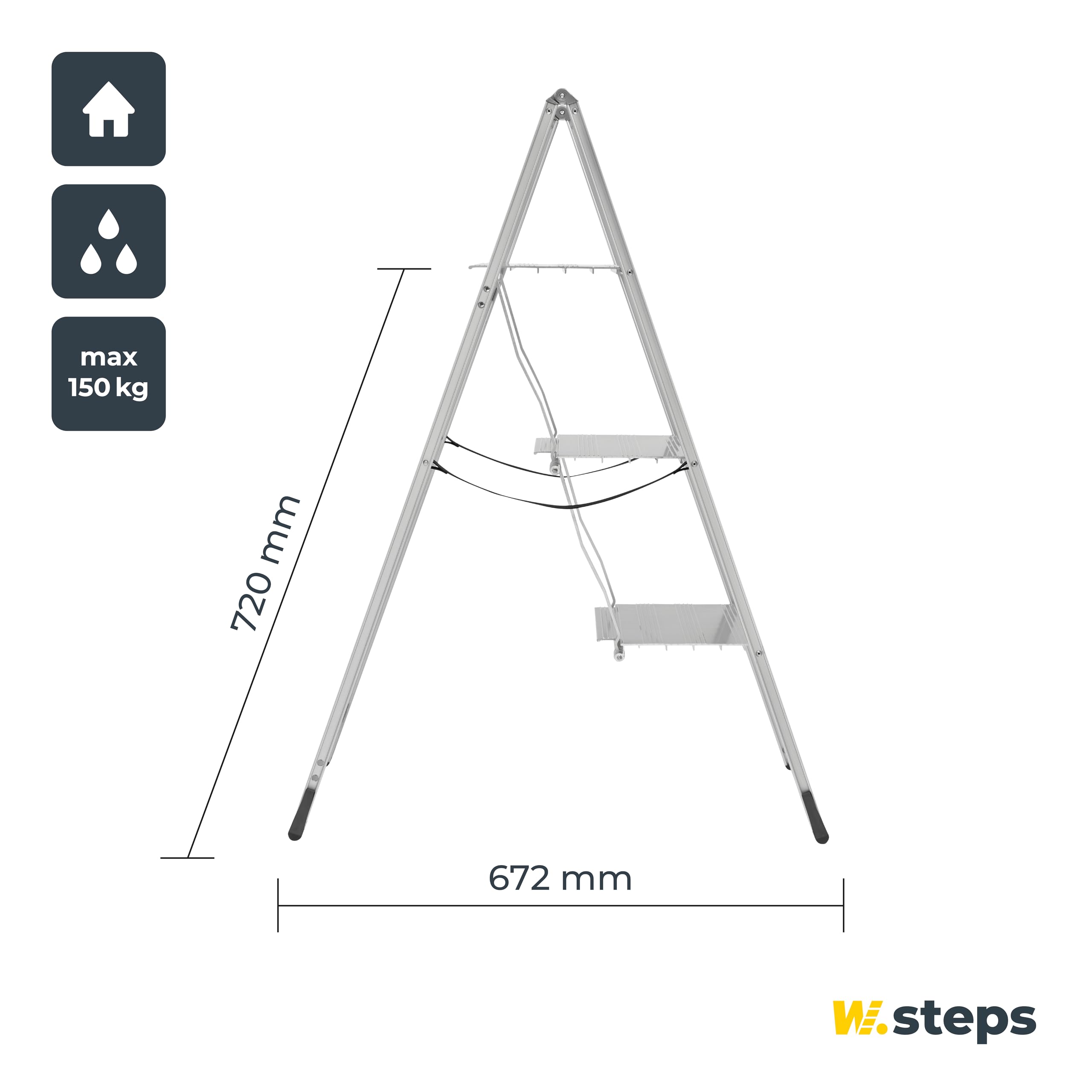 Alu Trittleiter Vikingstep Maxi von W.Steps I 720mm hoch I Belastbar bis 150kg I Kompakte Aluminium Klapptrittleiter mit 2 Stufen I Nur 35mm breit I 728143