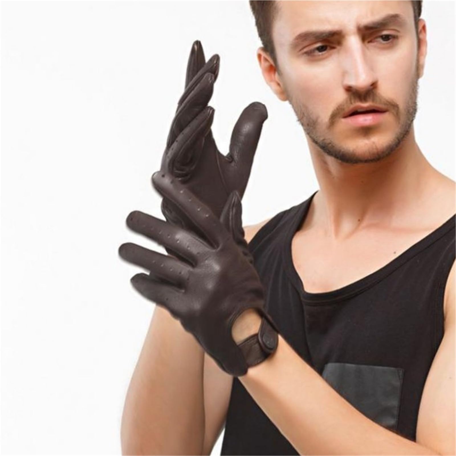 Guanti di pelle da uomo, Guanti da guida in pelle uomo sottili perforati palestra for ragazzi S/M/L
