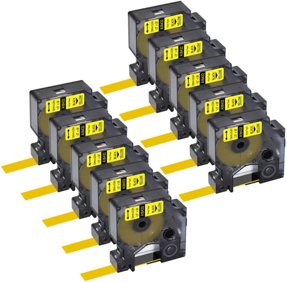 Label Tapes 3 5 10Pcs A18444 A18445 A18432 A18435 12mm Compatible with Industrial 1000 5200 Maker(10PK Black on White)