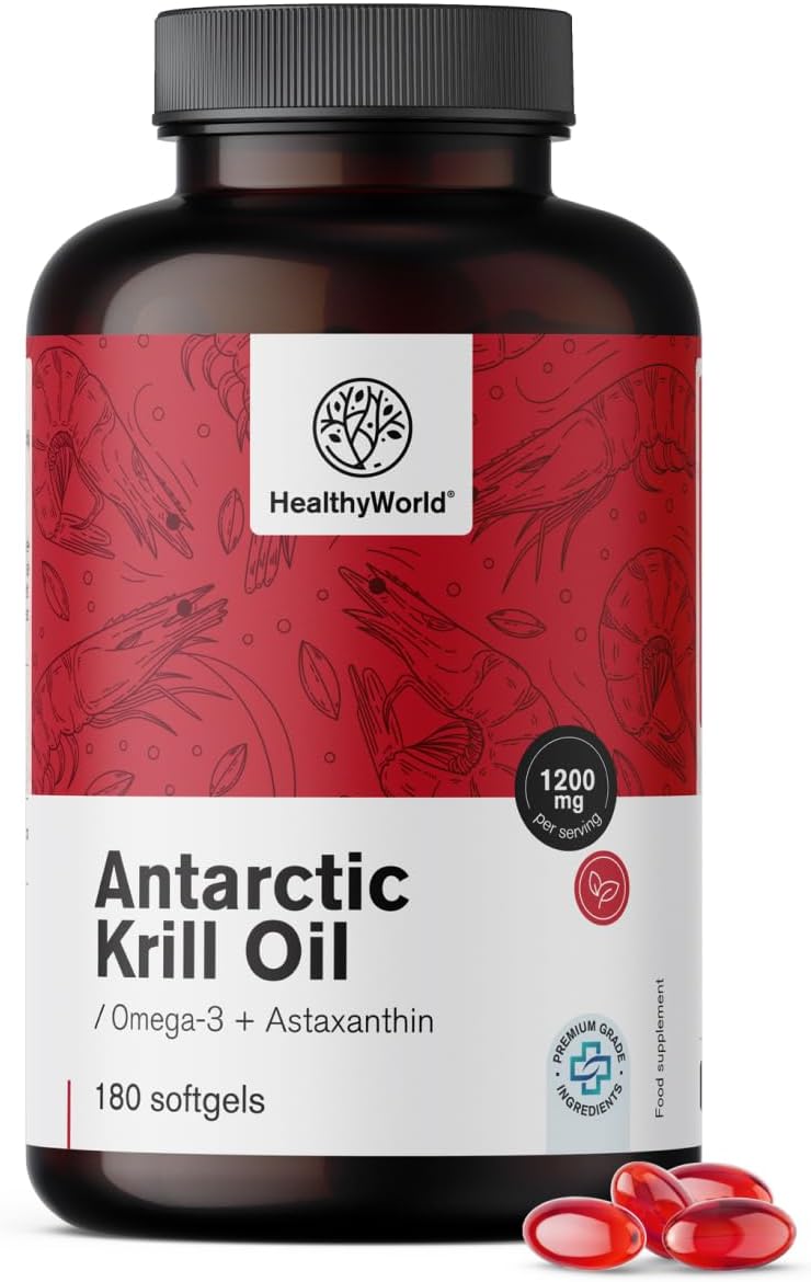 Krill Oil 1200 mg – 180 Soft Capsules – Omega-3 + Astaxanthin – No Gluten, Lactose and Artificial Flavours – 3-Month Supply – Supports Cardiovascular Function