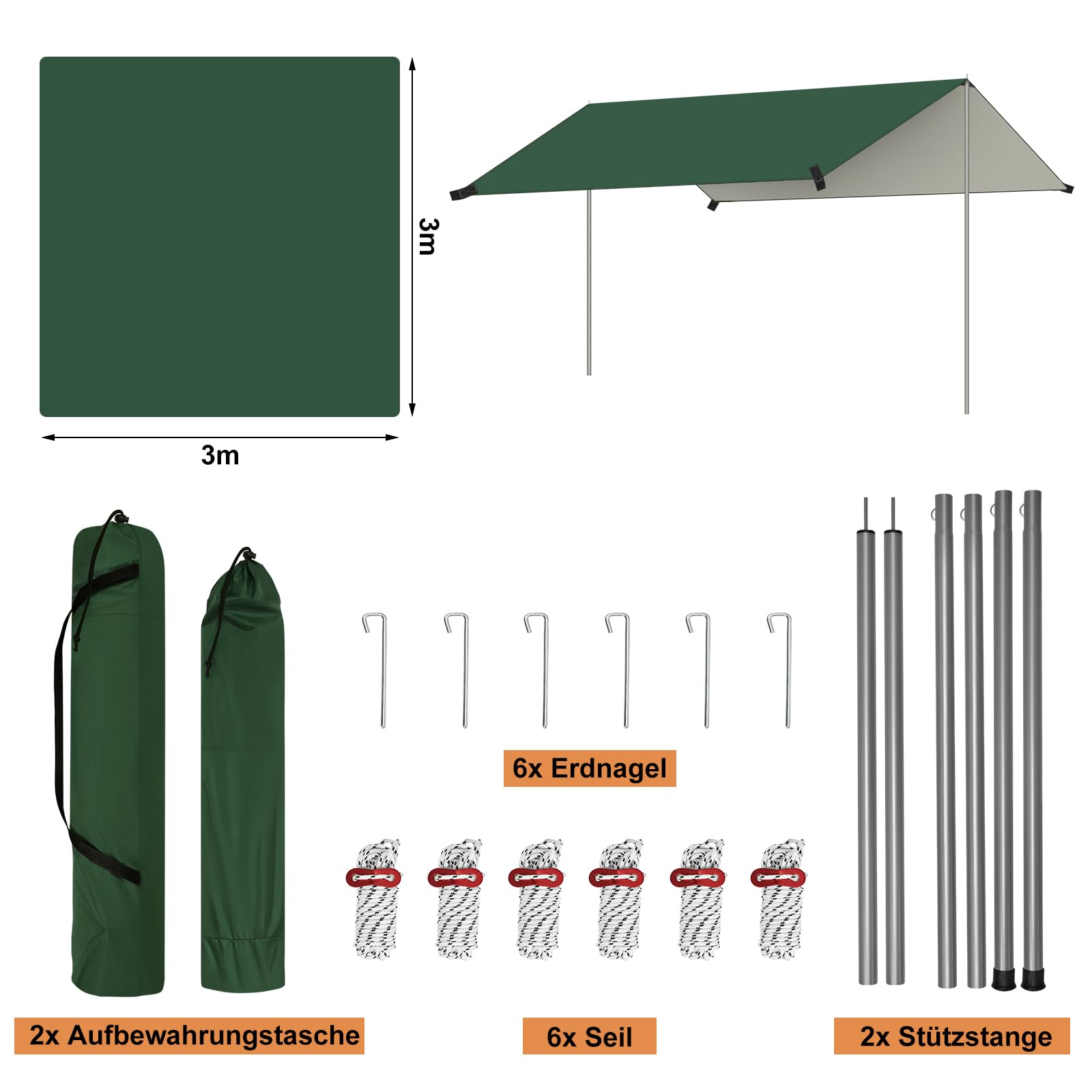 WOLTU Zeltplane Wasserdicht, Tarp mit Stangen Ösen, Camping Plane Sonnenschutz Ultraleicht, mit Windenseilen Erdnägeln Aufbewahrungstaschen, für Picknick Wandern