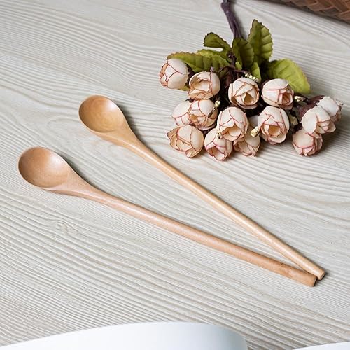 Miniatura 9 de Meiyahome - Cuchara larga de madera con mango redondo de 8 pulgadas, cuchara de café de mango largo, hecha a mano, material de madera Schima superba