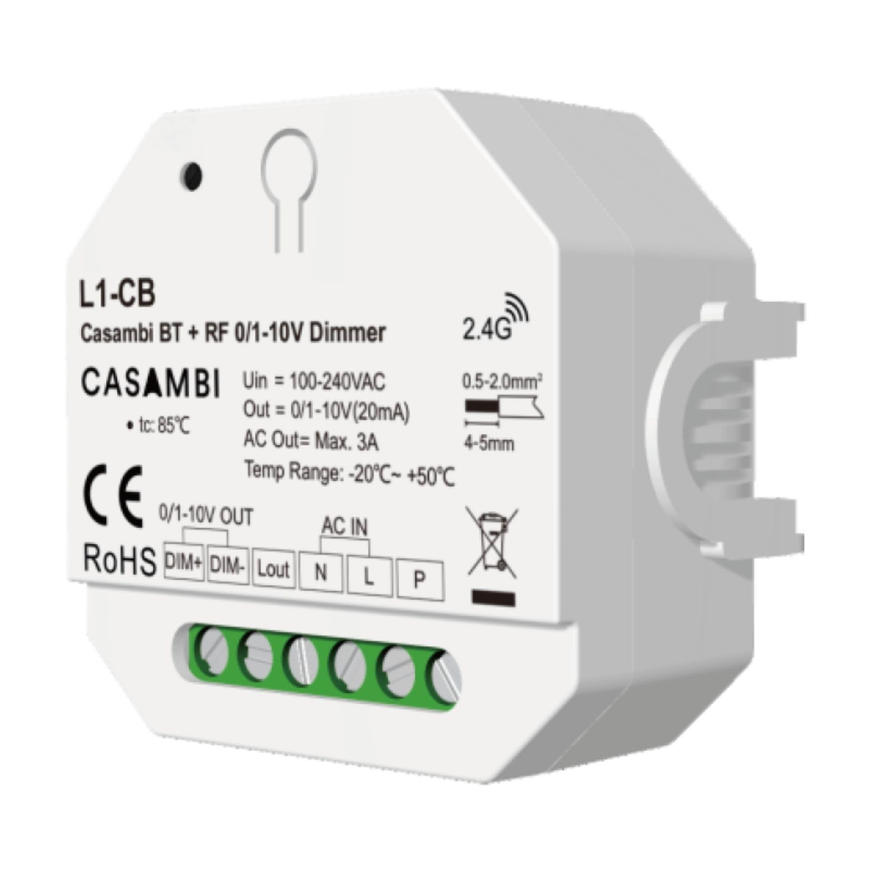 Led Dimmer Bluetooth Casambi 0-10V 1-10V, RF 2.4GHz e Pulsante NO, Push Dim, Relè AC Integrato 3A, Input AC220V, per Driver LED Dimmerabili 0/1-10V, Compatto da Scatola Incasso o Derivazione