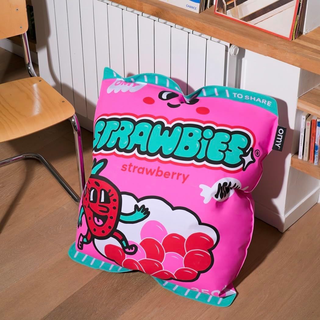 Omy Original Giant Inflatable Floor Pillow, Strawberry Candy, Easy to Inflate Lounger, Use as a Cushion or as Decoration
