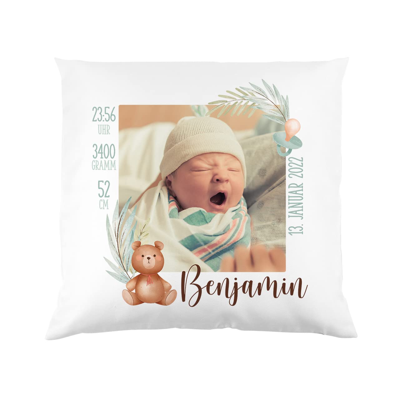 Striefchen® Kissen als Geschenk zur Taufe oder Geburt mit Namen & Datum - Teddybär - Babygeschenk oder Geburtskissen Foto
