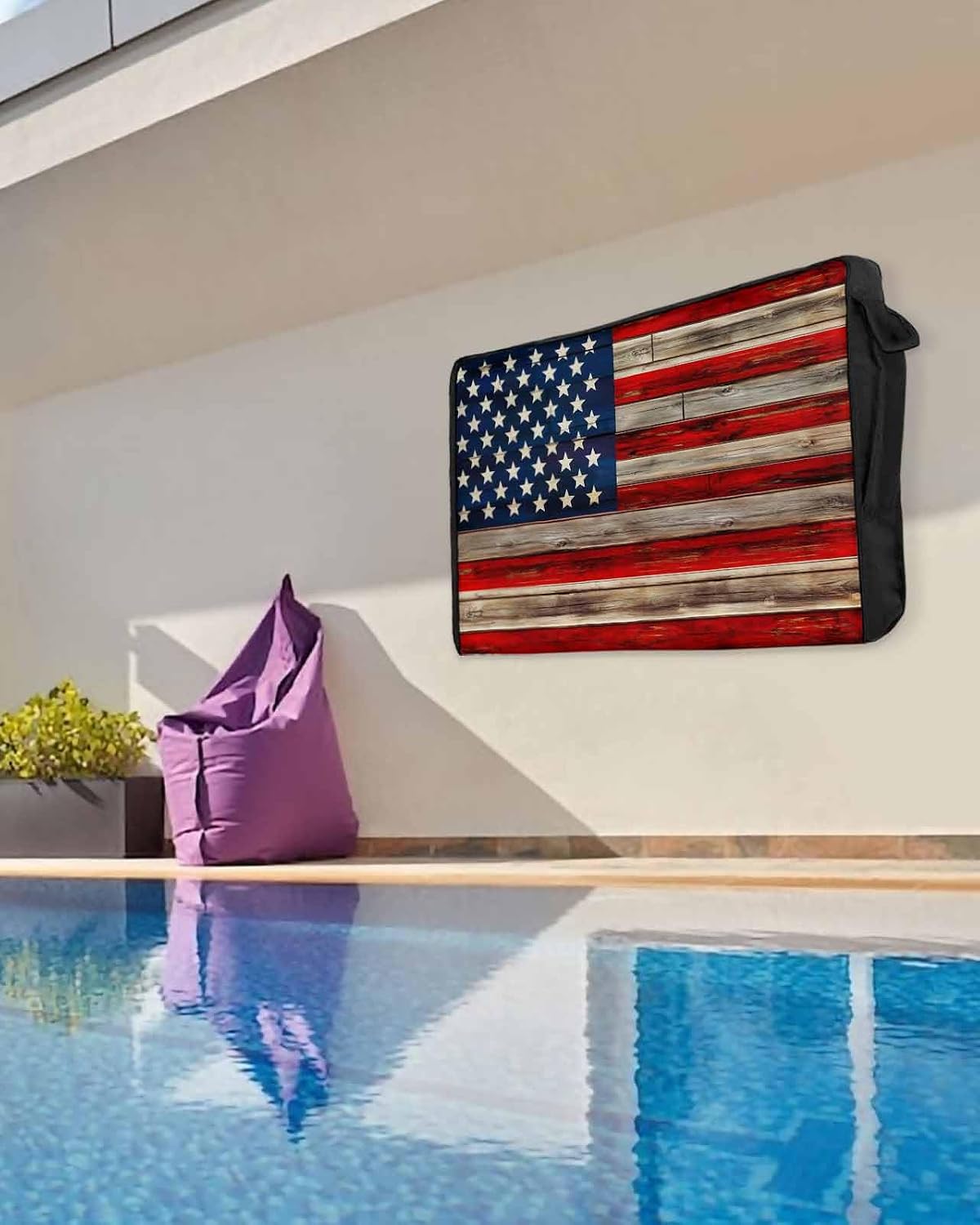 American Flag Outdoor TV Cover 60 to 65 Inches Weatherproof & Waterproof, Red Striped Blue Star Outdoor TV Enclosure with Remote Control Pocket, Vintage Wooden TV Screen Protectors for Outside TV