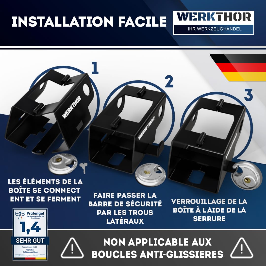 Serrure de Remorque WERKTHOR - Serrure Universelle pour Boîte de Remorque - Protection Contre Le vol pour Remorque Attelée et Dételée - Serrure de Remorque en Acier Inoxydable - Serrure à clé