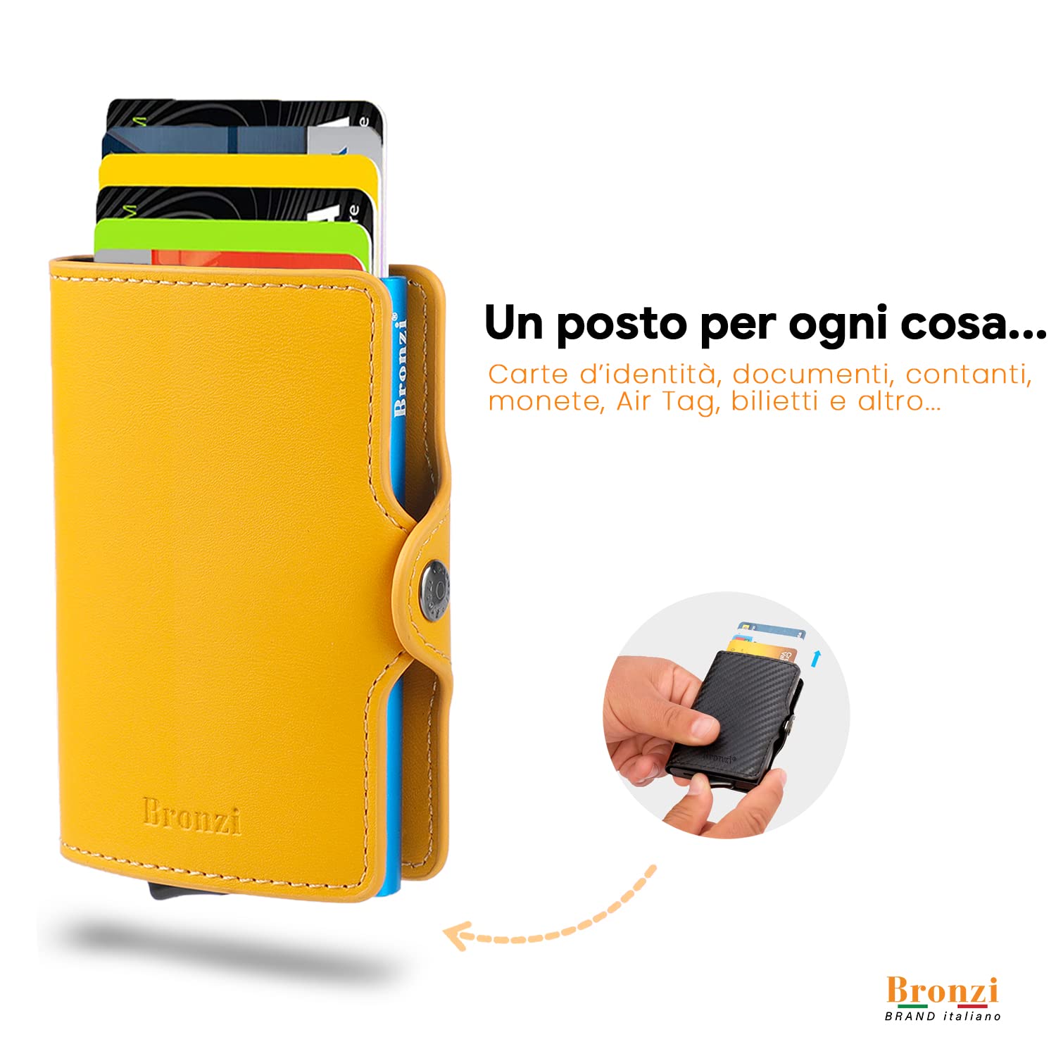 Bronzi Nuovo Portafoglio Porta Carte Credito - Portafoglio Uomo Slim Portacarte uomo - Mini Porta Tessere - Protezione RFID Portatessere Pelle - Design Smart Italiano (Giallo)