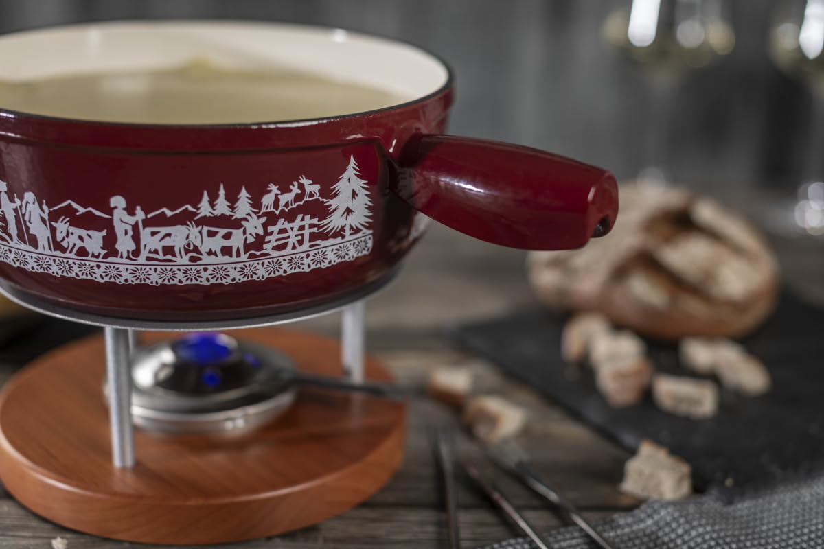 KUHN RIKON 32276 Cheese Fondue Set Induction Cast Iron Red Alpine Willow 24 cm