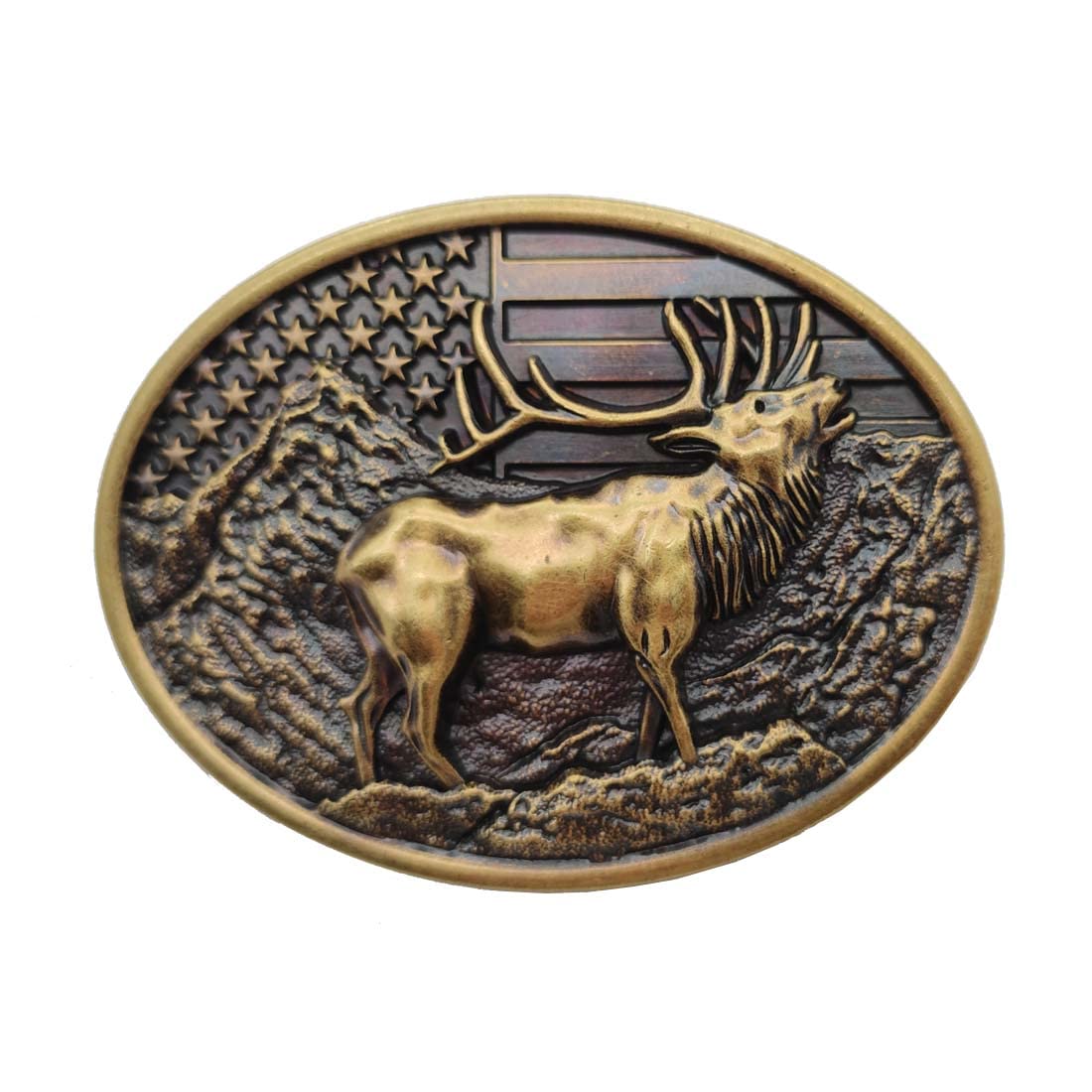 Xwest Men's Broze Western Wildlife Outdoor Elk American Flag Belt Buckle