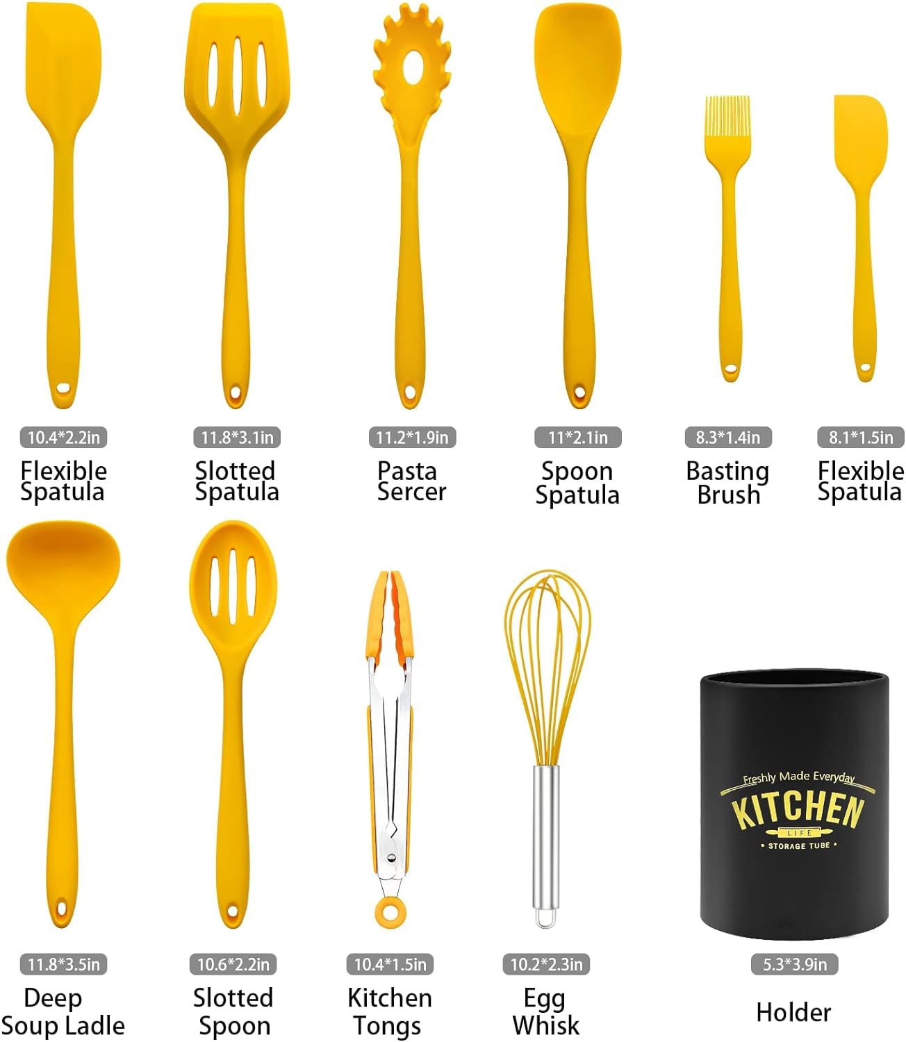 Set D'Ustensiles De Cuisine 11 Pièces En Silicone Jaune Avec Support - Antiadhésif Et Résistant à La Chaleur