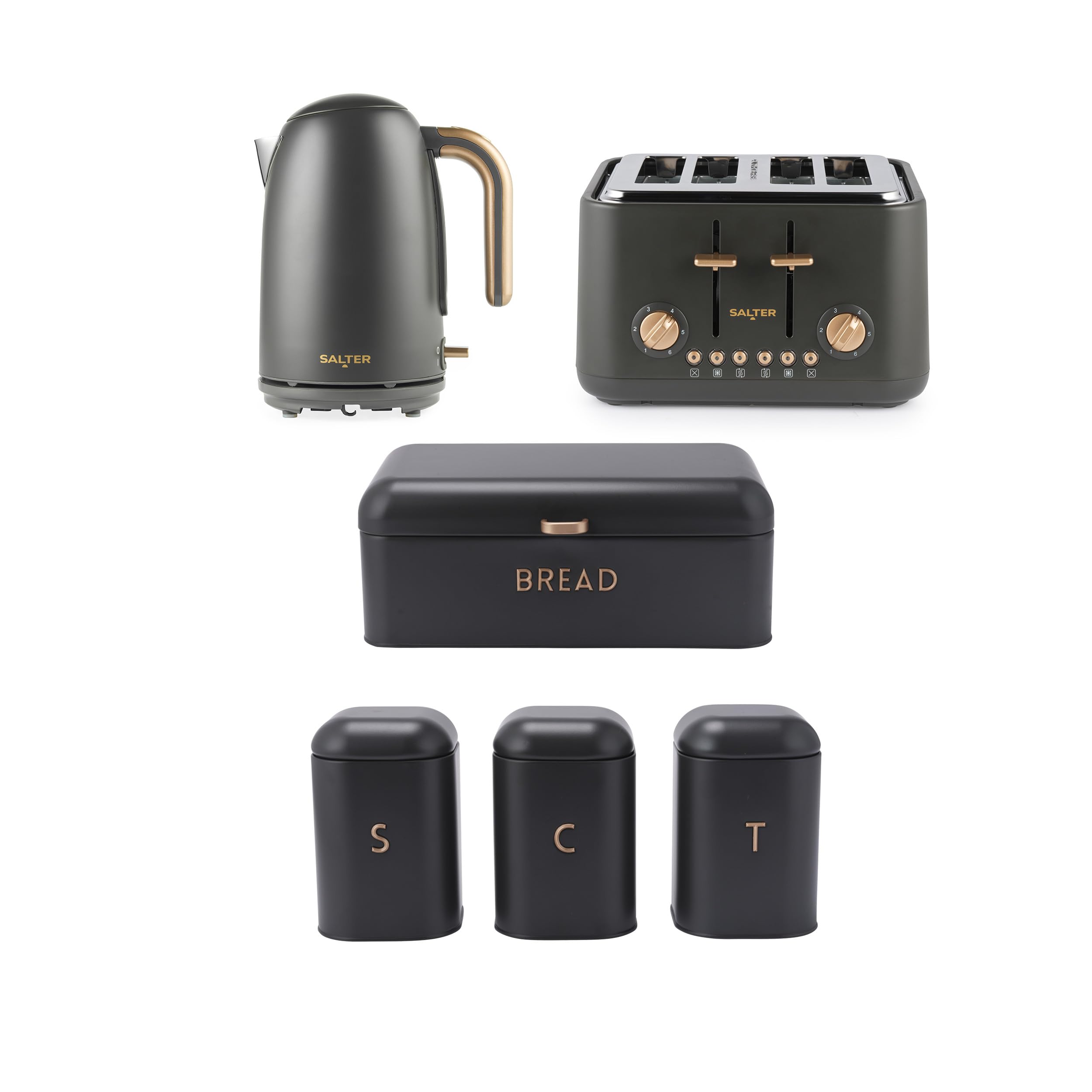 Salter Pebble 6-Piece Countertop Set - 1.7L 3kW Kettle, 4-Slice Toaster, 3-Piece Canister Set & Bread Bin, Tea, Coffee & Sugar Tins, Matching Electrical Appliance Set, Charcoal Grey