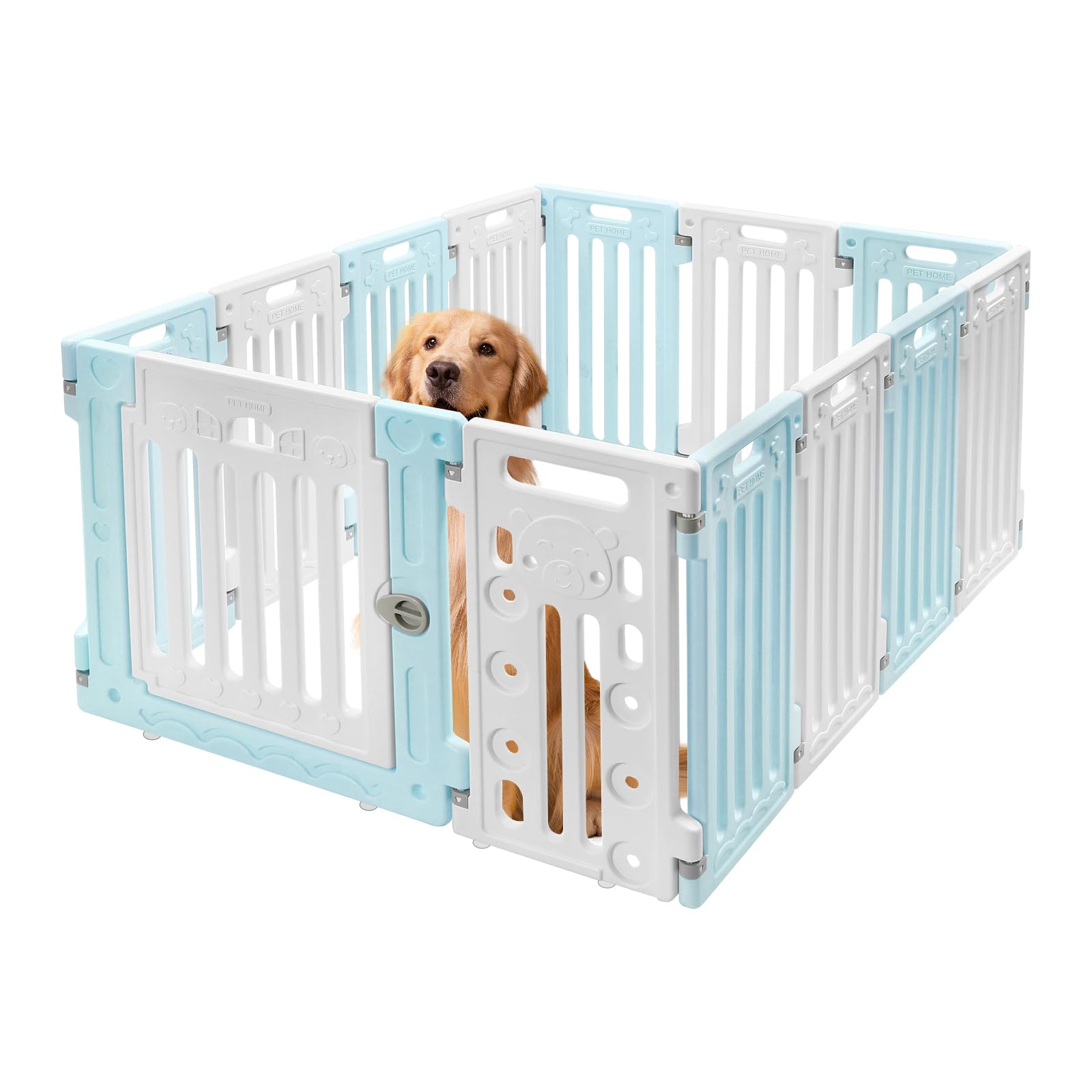Dog Playpen with Door, 11 Panel, 25.6 inch H, Pet Safety Playpen for Small or Medium Dogs (Blue and White)