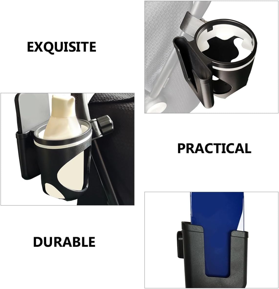 Stroller Bottle Holder with Phone Mount, Multi-Functional Plastic Cup Holder for Strollers, Black Beverage Rack Suitable for Travel and Outdoor Use