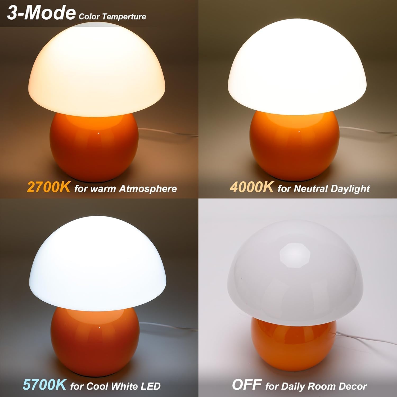 Remote Control Mushroom Lamp with Timer – 3-Color Dimmable Bedside Light, Ceramic Base & Glass Shade, Modern Decorative Night Lamp for Bedroom, Living Room, and Home Office (Sunset Orange)