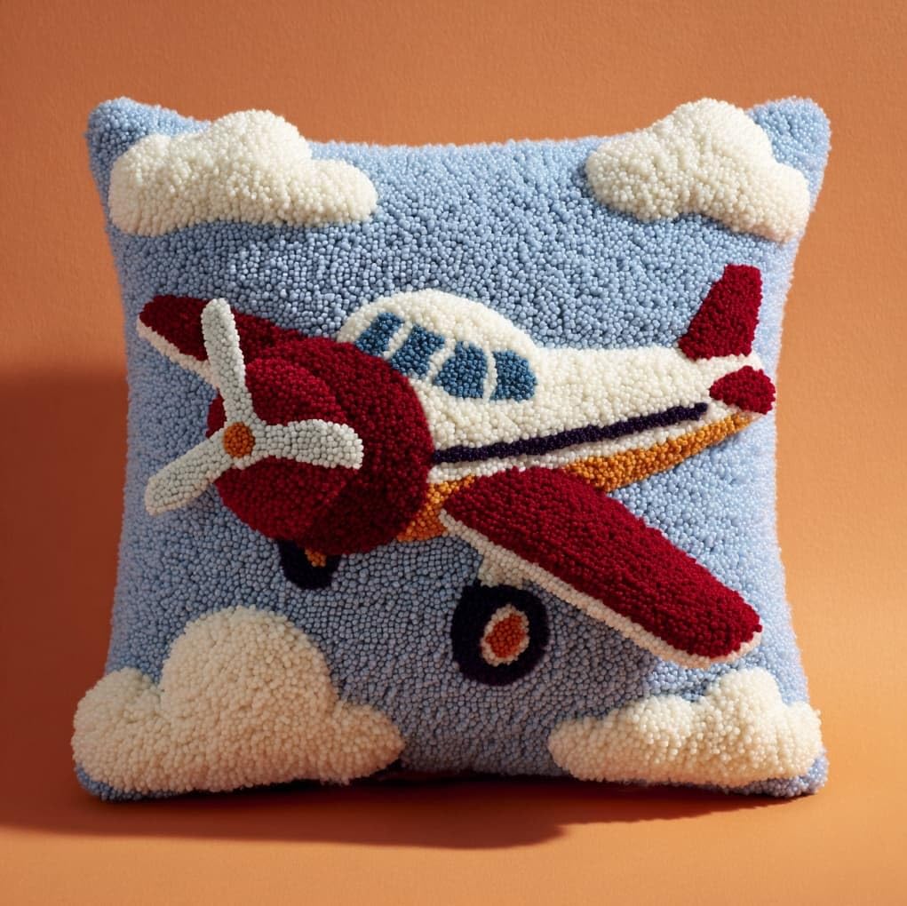 Wallustrioaw Simple Cartoon Airplane Latch Hook Pillowcase Cushion Kits,
