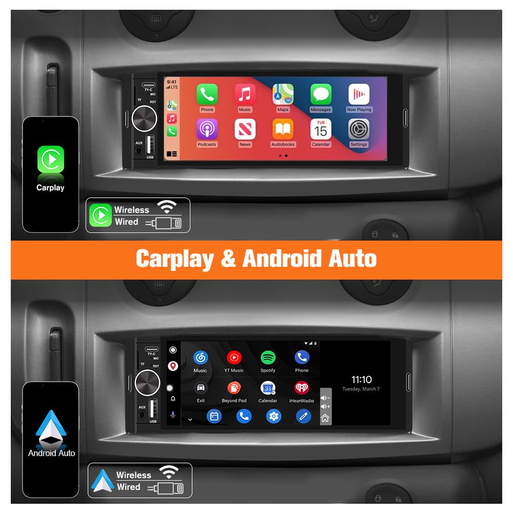 Autoradio 1 DIN CarPlay et Android Auto avec 6.36‘’ Écran Tactile HD/Bluetooth 5.0/Caméra de Recul Inclus/FM USB Type C/GPS/Airplay/Mirrorlink/Siri Commande Vocale