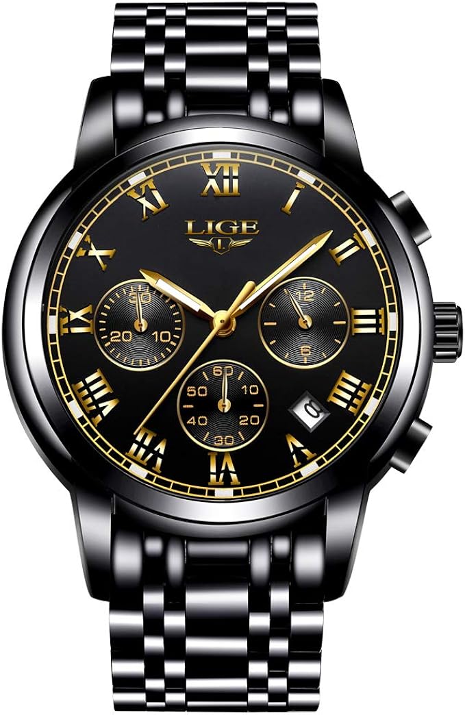 Amazon Com Lige Mens Watches Sports Dress Analog Quartz Watch Gents Fashion Business Full Steel Waterproof Chronograph Watch Man With Date Calendar Gold Black Wristwatch Clothing Shoes Jewelry