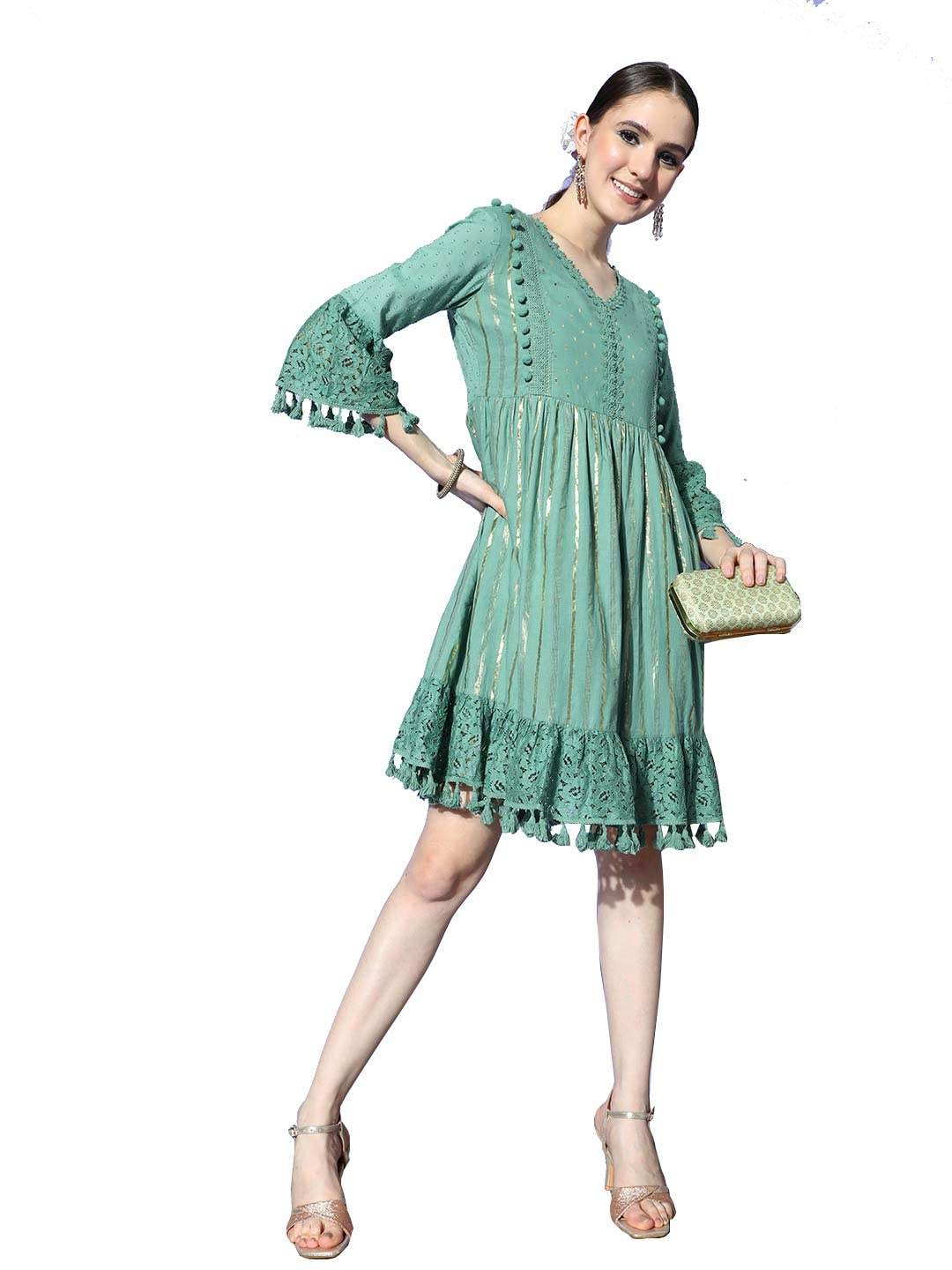ishin Women's Cotton Above Knee Length A-Line Indo Western Dress