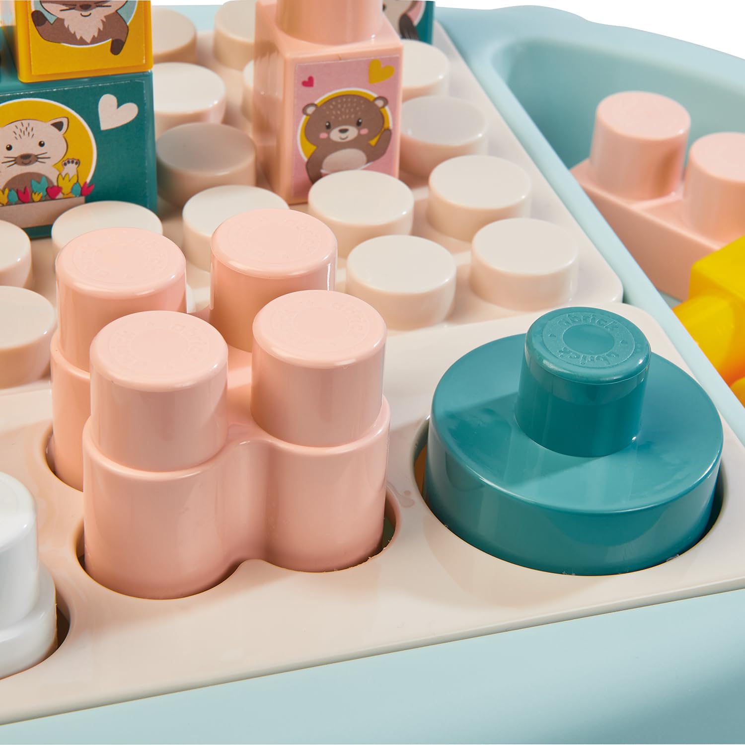 Ecoiffier- Mesa Infantil de Actividades, 22 Piezas de Construcción, Colores Pastel, Espacios de Almacenamiento, A partir de 12 meses (7600007917)